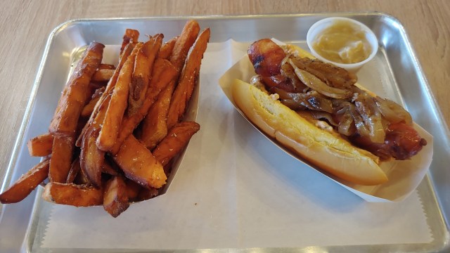 Proud Mary Hot dog with a side of sweet potato fries