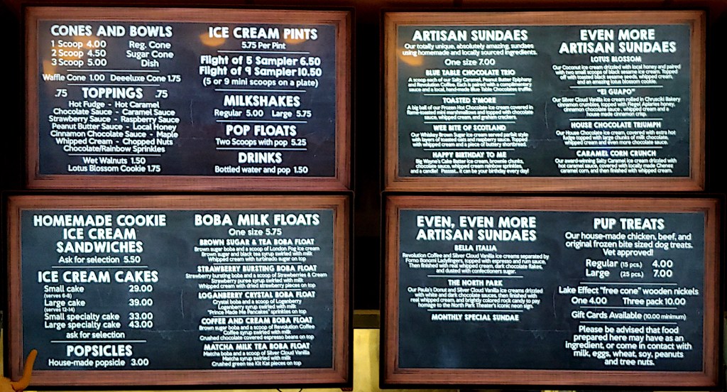 Menu: Cones and Bowl, Ice Cream Pints, Milkshakes, Pop Floats, Drinks, Artisan Sundaes, Home made Cookie Ice Cream Sandwiches, Ice Cream Cakes, Boba Milk Floats