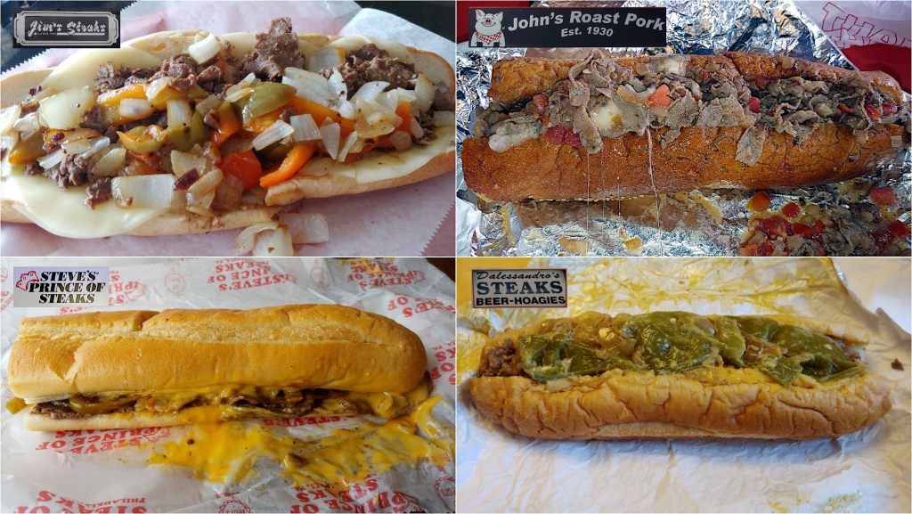 Montage of Cheesesteaks. 
Top: Jim's Steaks, John's Roast Pork
Bottom: Steve's Prince of Steak's, Dalessadro's Steaks
