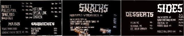 Left menu :meats.
Center menu: snacks.
Right menu: Desserts and Sides