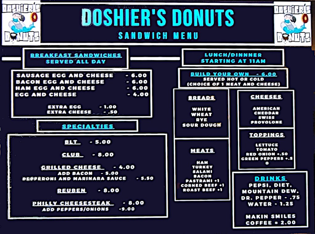 Menu: Breakfast Sandwiches, Specialties, Build Your Own [sandwich], Drinks