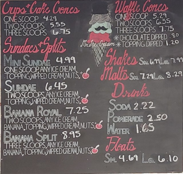 Ice cream menu: Cones, Sundaes and Splits, Shakes, Malts.