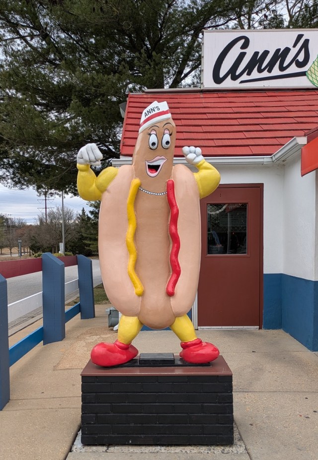 Anthropomorphized hot dog statue
