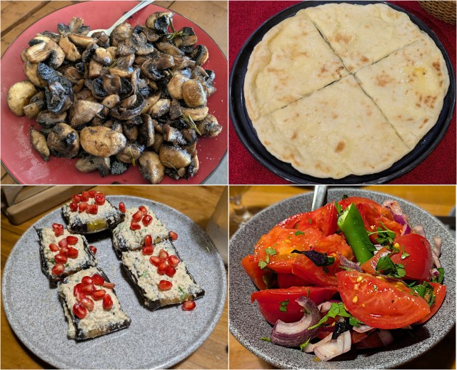 4 dishes: mushrooms, khachapuri, eggplant, tomato sald