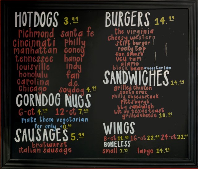 Chalkboard menu  with Hot dogs, burgers, and sandwiches.