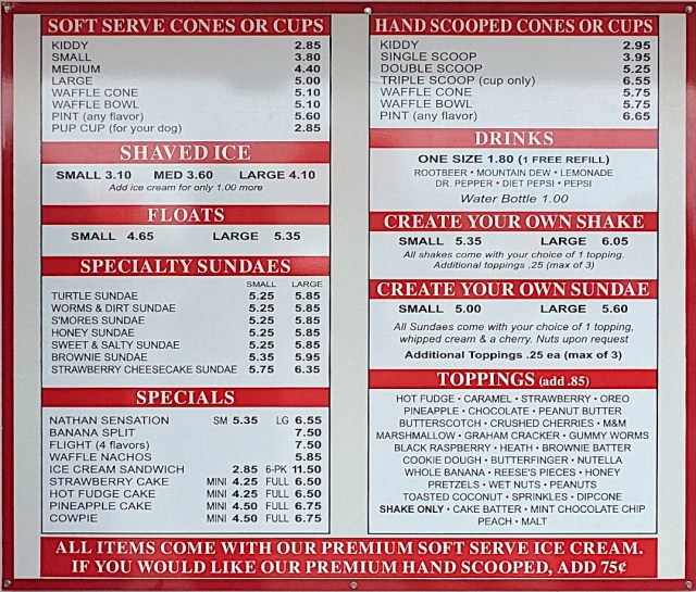 Menu showing prices for ice cream and sundaes
